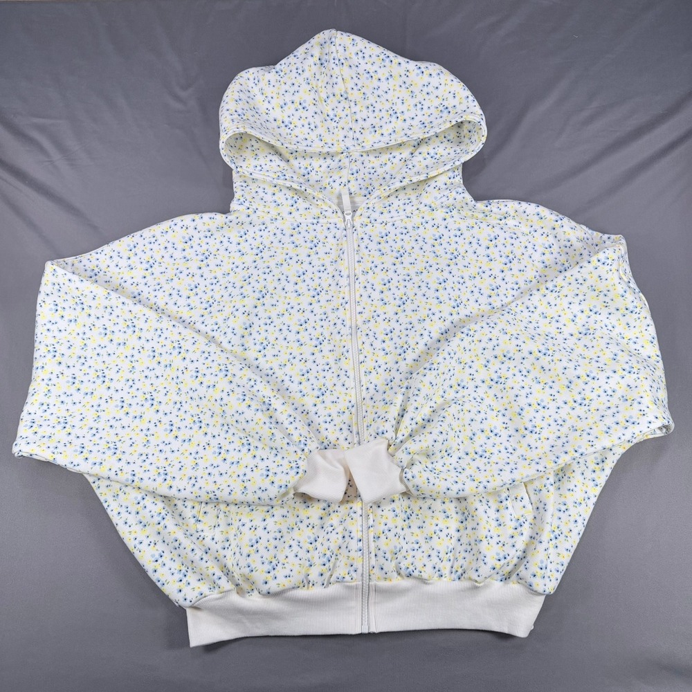 Blogilates Womens L White Floral Cotton Poly Marshmallow Hoodie Oversized Zip Up